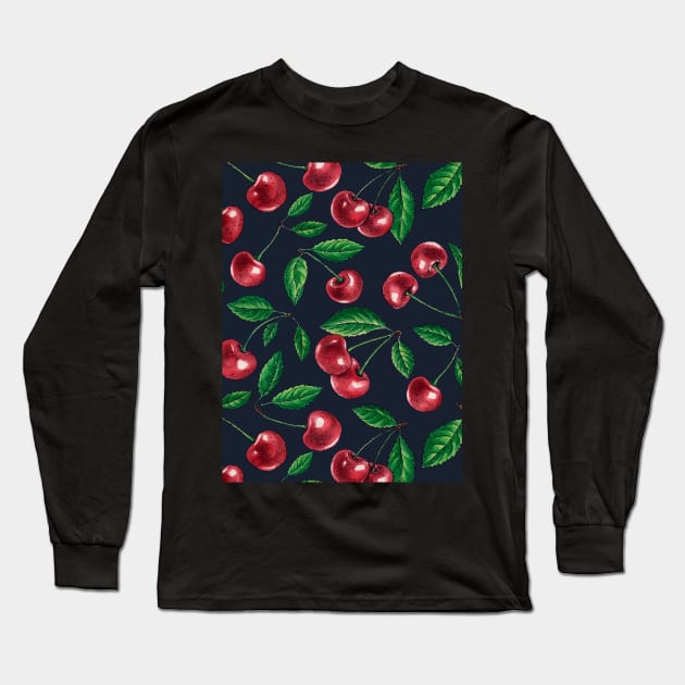 Red cherries on dark blue Long Sleeve T-Shirt by katerinamk